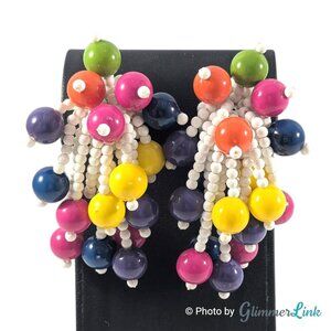 Vintage Multi Color Beaded Cha Cha Clip On Earrings